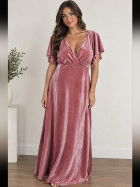 Vow'd Bridesmaids Pink Velvet Flutter Short Sleeves V Cut Maxi Dress